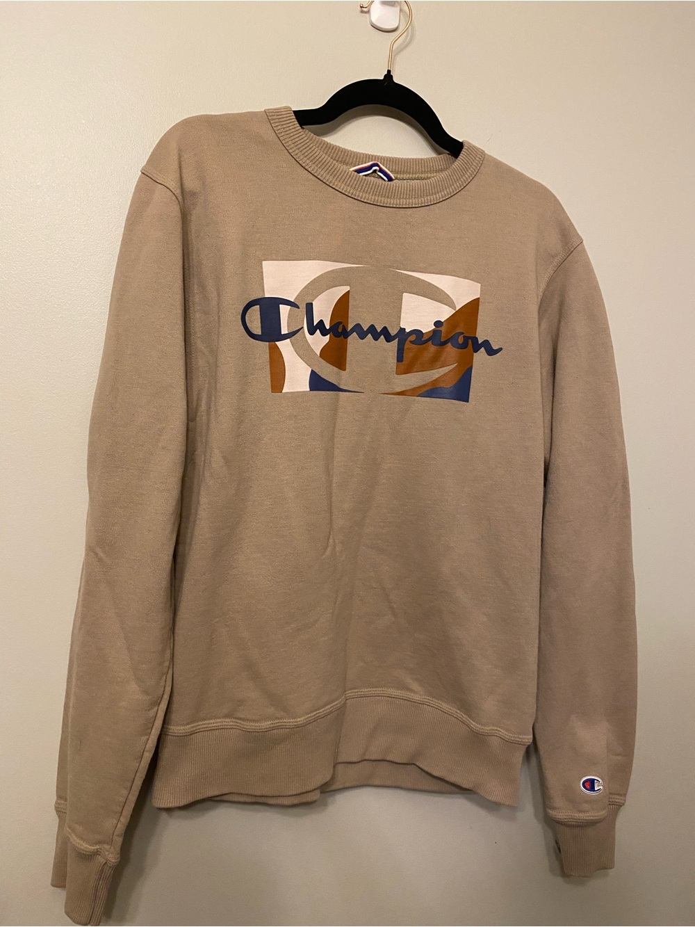 Champion Crewneck Sweatshirt in Tan with Multicolor Logo